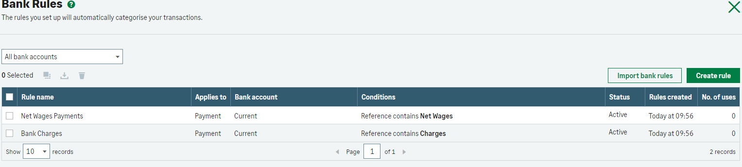 Screen shot of bank rules in Cloud accounting software.